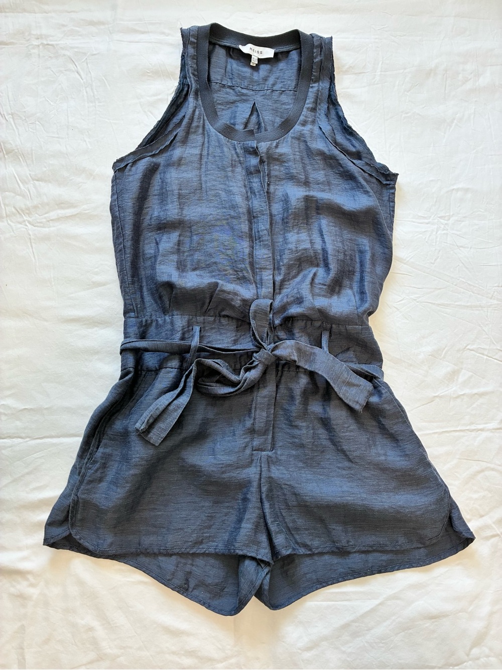 Reiss Navy Sleeveless Tie-Waist Hemp Romper